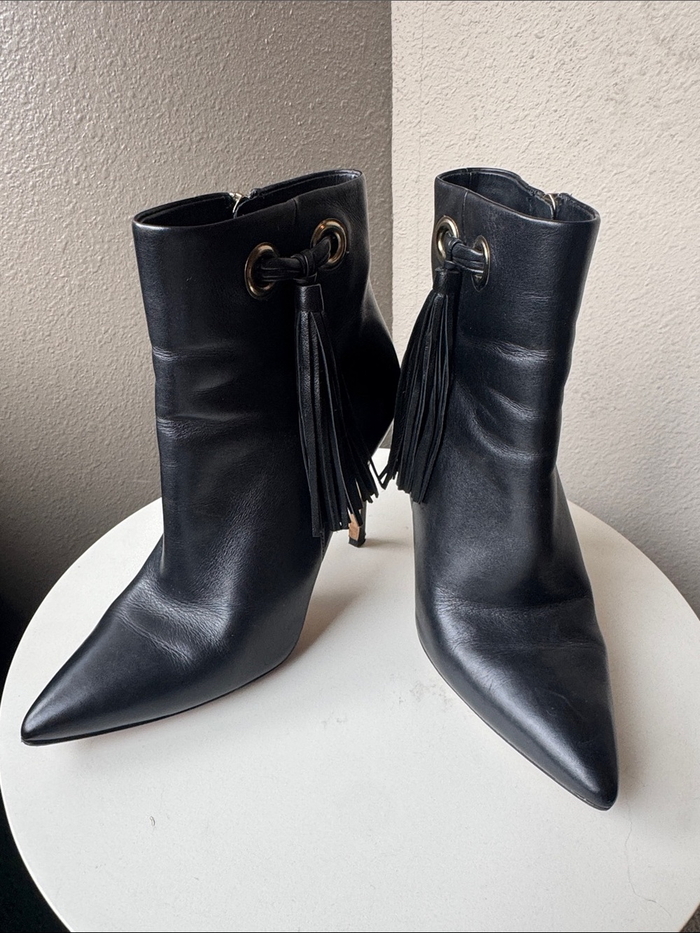 Via Spiga Black Leather Pointed Ankle Boots with Tassel Eyelet Detail